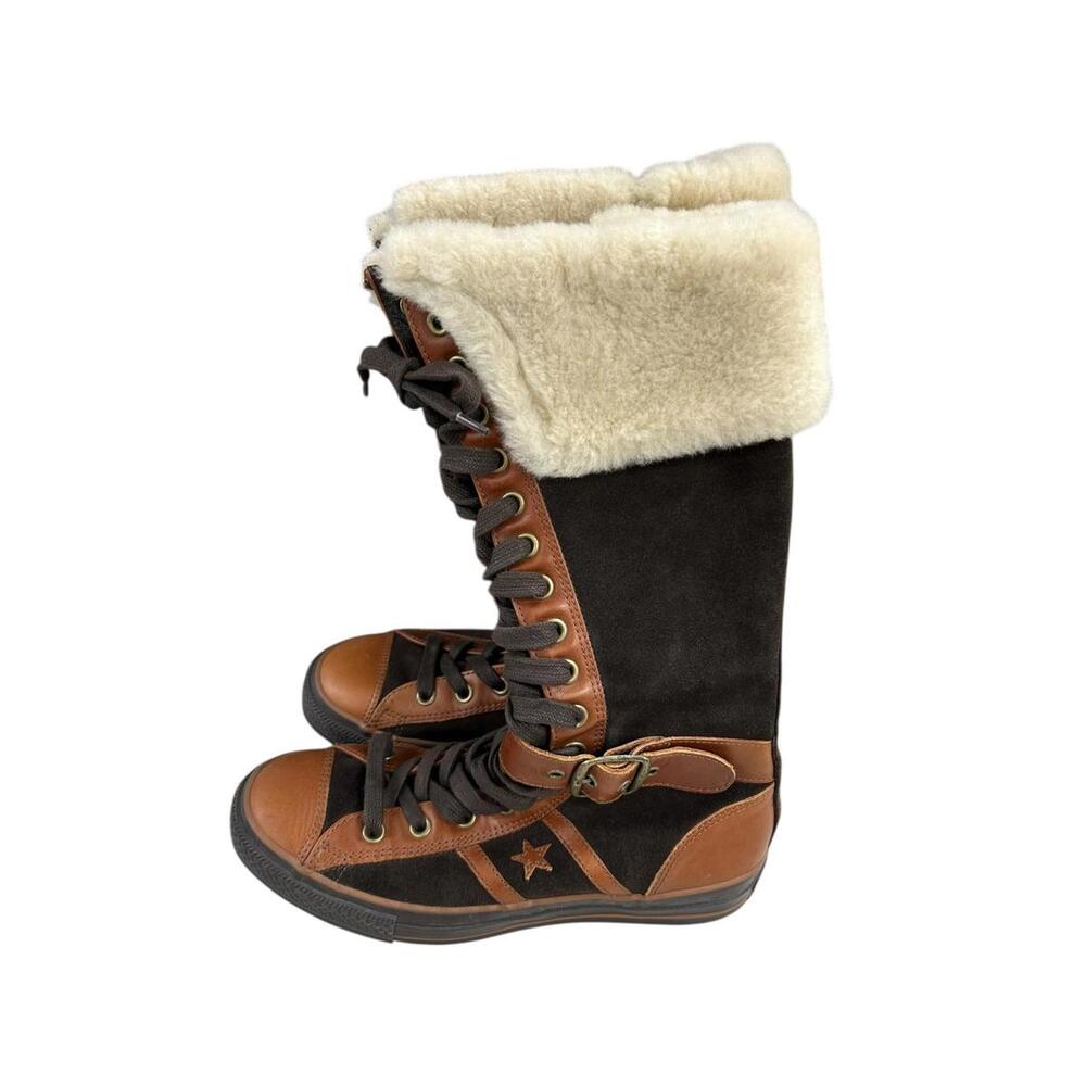 Converse Unisex Vintage Tall Shearling Lace-Up Winter Boots Brown Leather Canvas - Picture 10 of 11